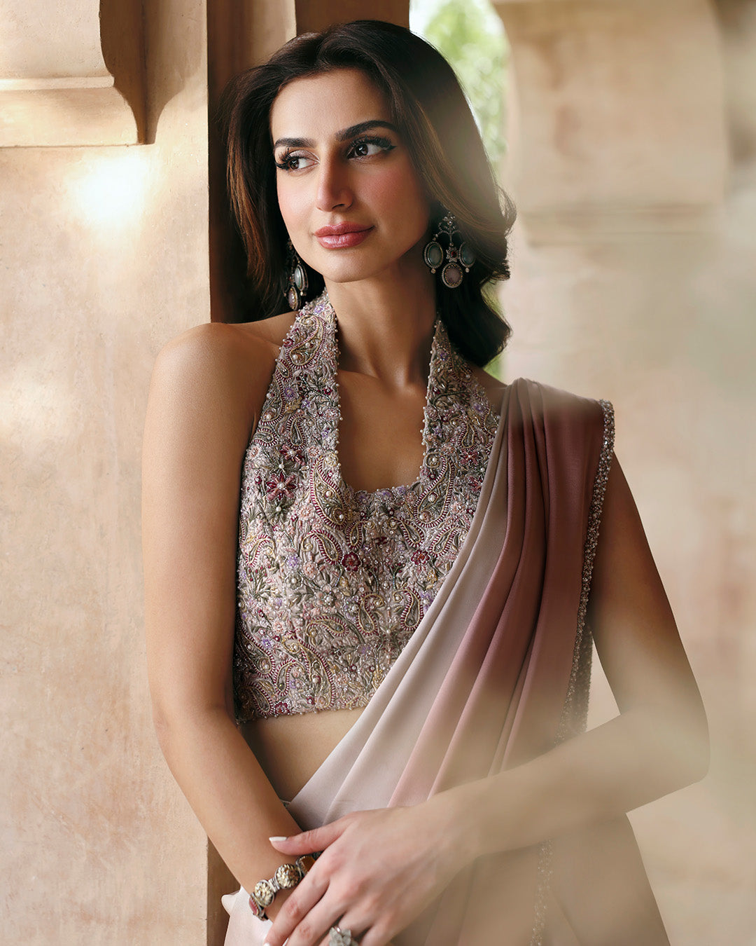 Model Wearing Faiza Saqlain Zoia Ombre Pink Saree for wedding wear - Pakistani Designer Wear for Women in UK | Kifat