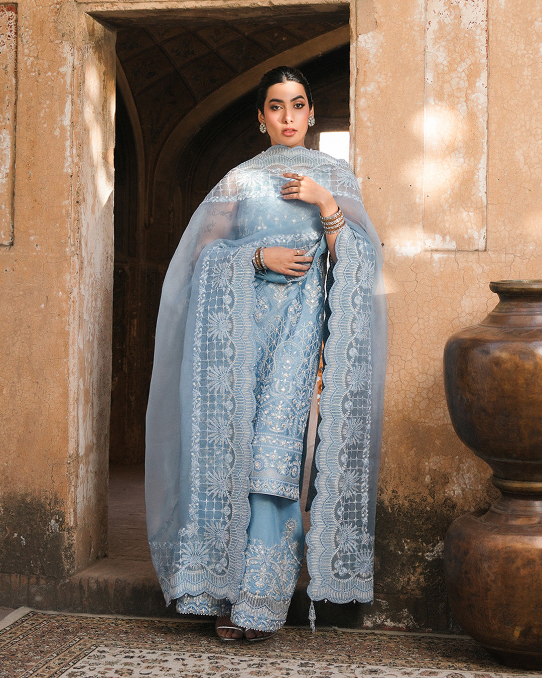 Model Wearing Faiza Saqlain Yulia Ice Blue Shirt with Culottes for formal events wear - Pakistani Designer Wear for Women in UK | Kifat