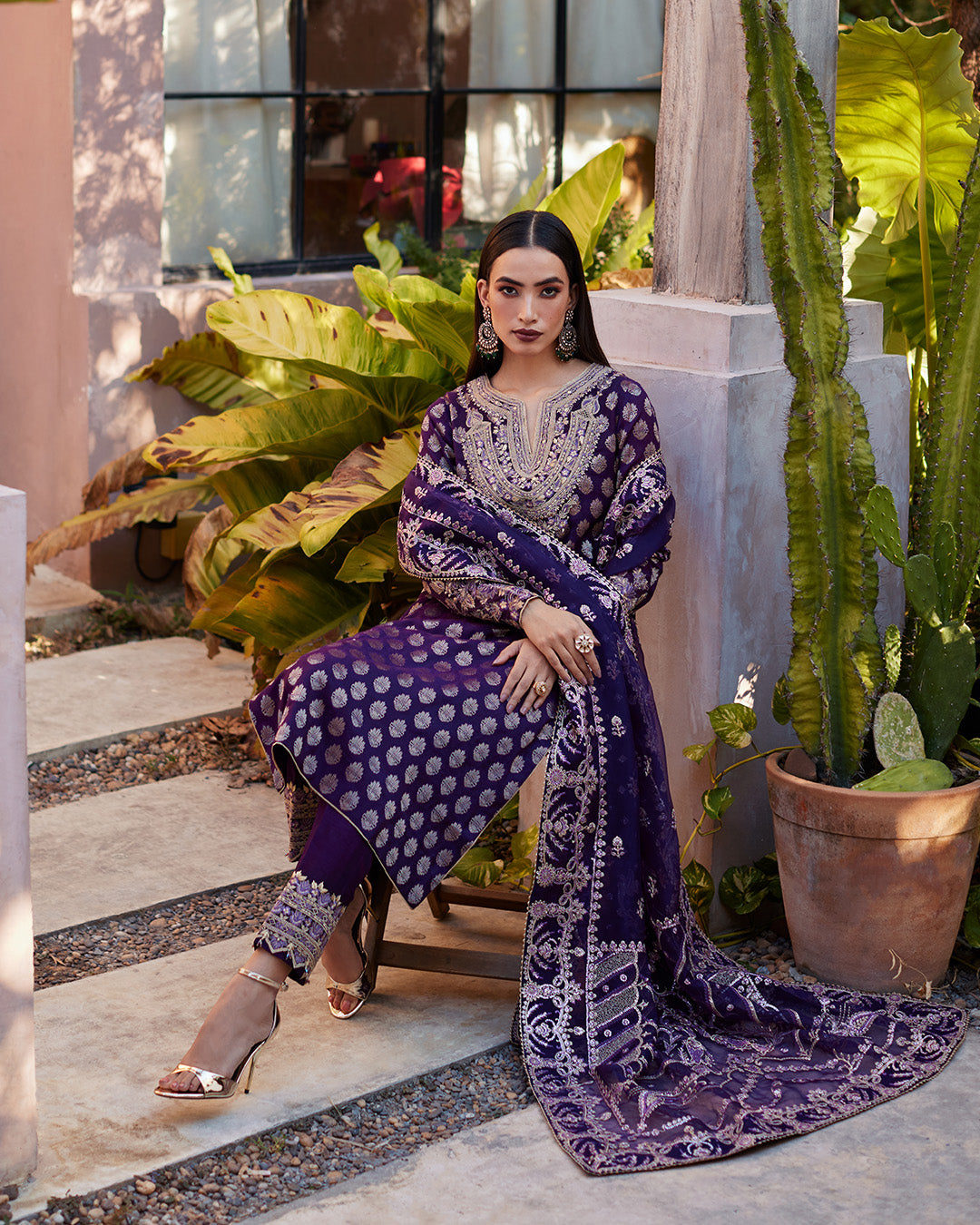Model Wearing Faiza Saqlain Clara Plum Shirt Trouser for formal events wear - Pakistani Designer Wear for Women in UK | Kifat