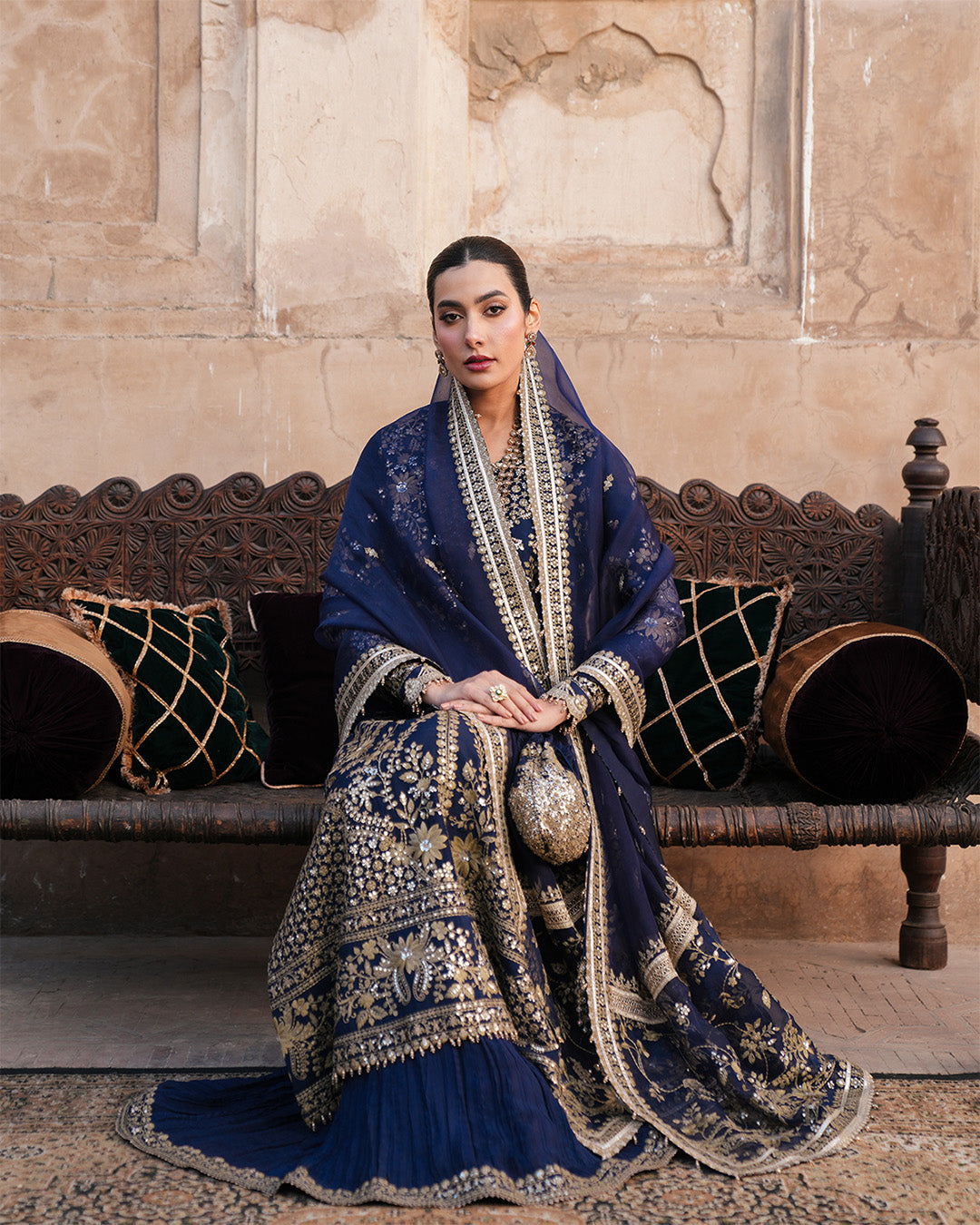 Model Wearing Faiza Saqlain Ayska Navy Blue Shirt with Sharara for formal events wear - Pakistani Designer Wear for Women in UK | Kifat