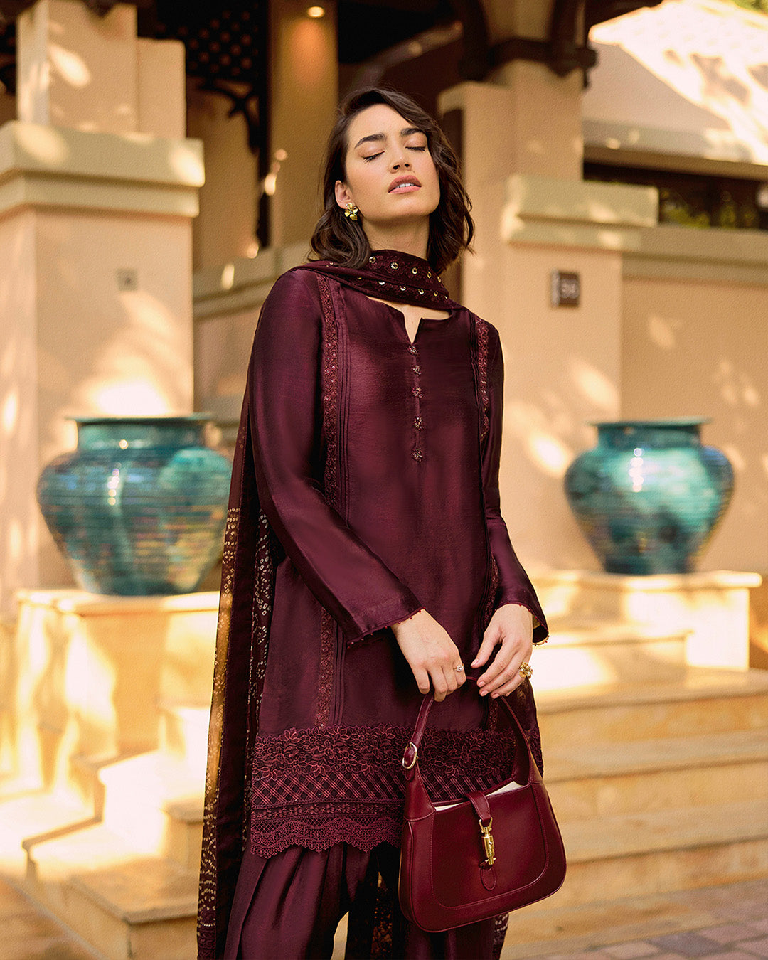 Model Wearing Faiza Saqlain Triana Dark Maroon Shirt with Shalwar for Ladies wear - Pakistani Designer Wear for Women in UK | Kifat