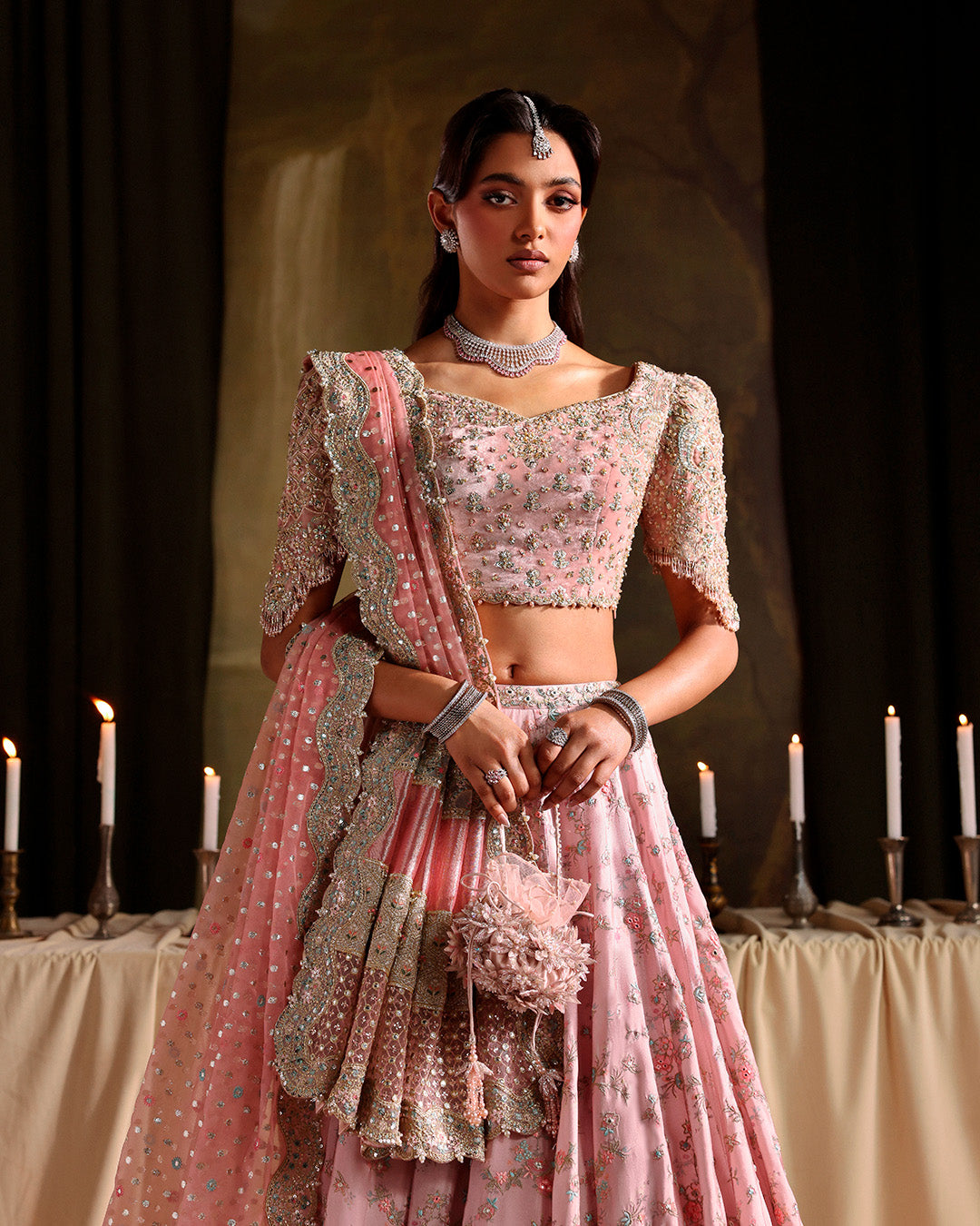 Model Wearing Faiza Saqlain Vanna Dusty Pink Shirt with Lehnga for wedding wear - Pakistani Designer Wear for Women in UK | Kifat