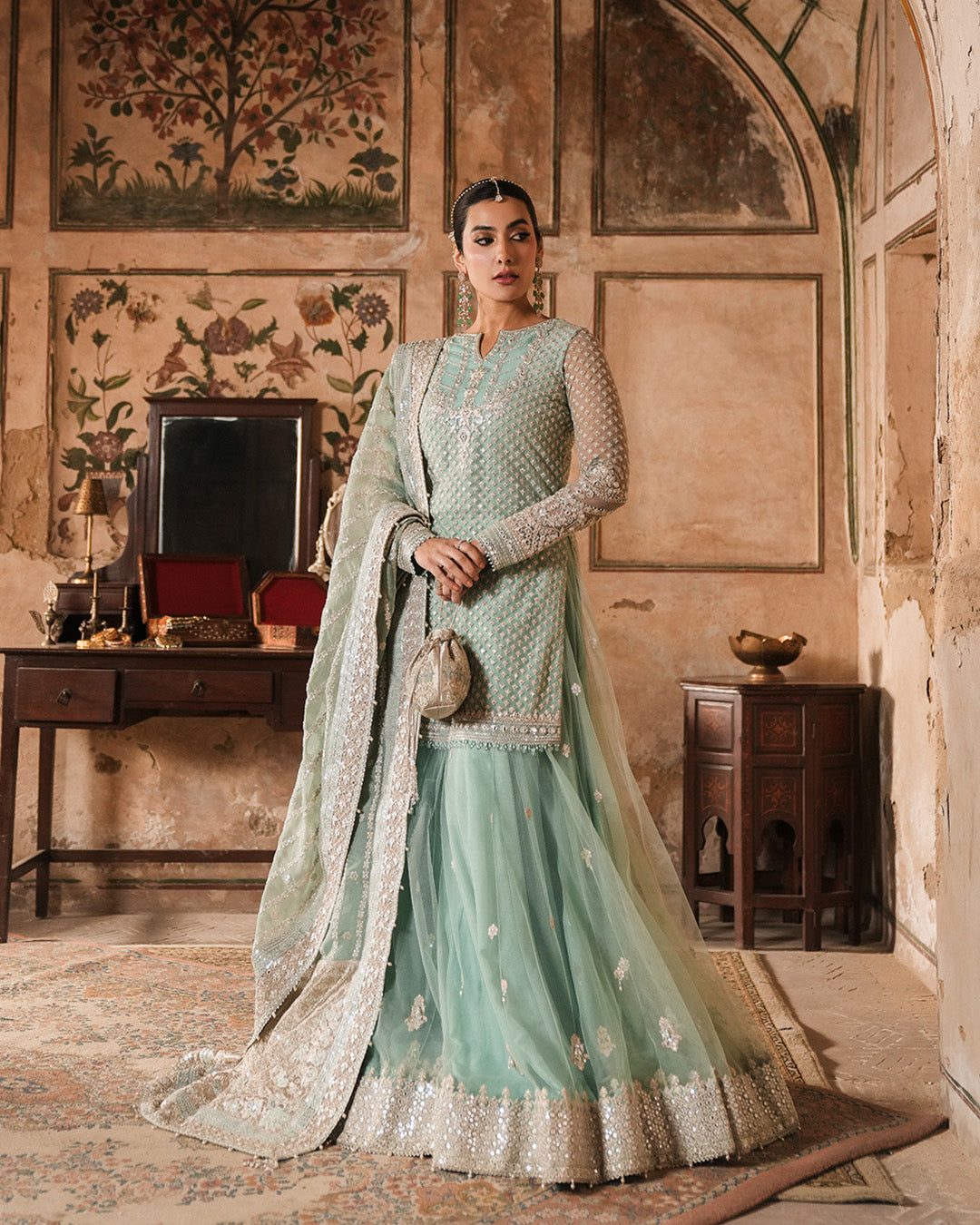 Model Wearing Faiza Saqlain Valari Pastel Blue Shirt with Sharara for wedding wear - Pakistani Designer Wear for Women in UK | Kifat