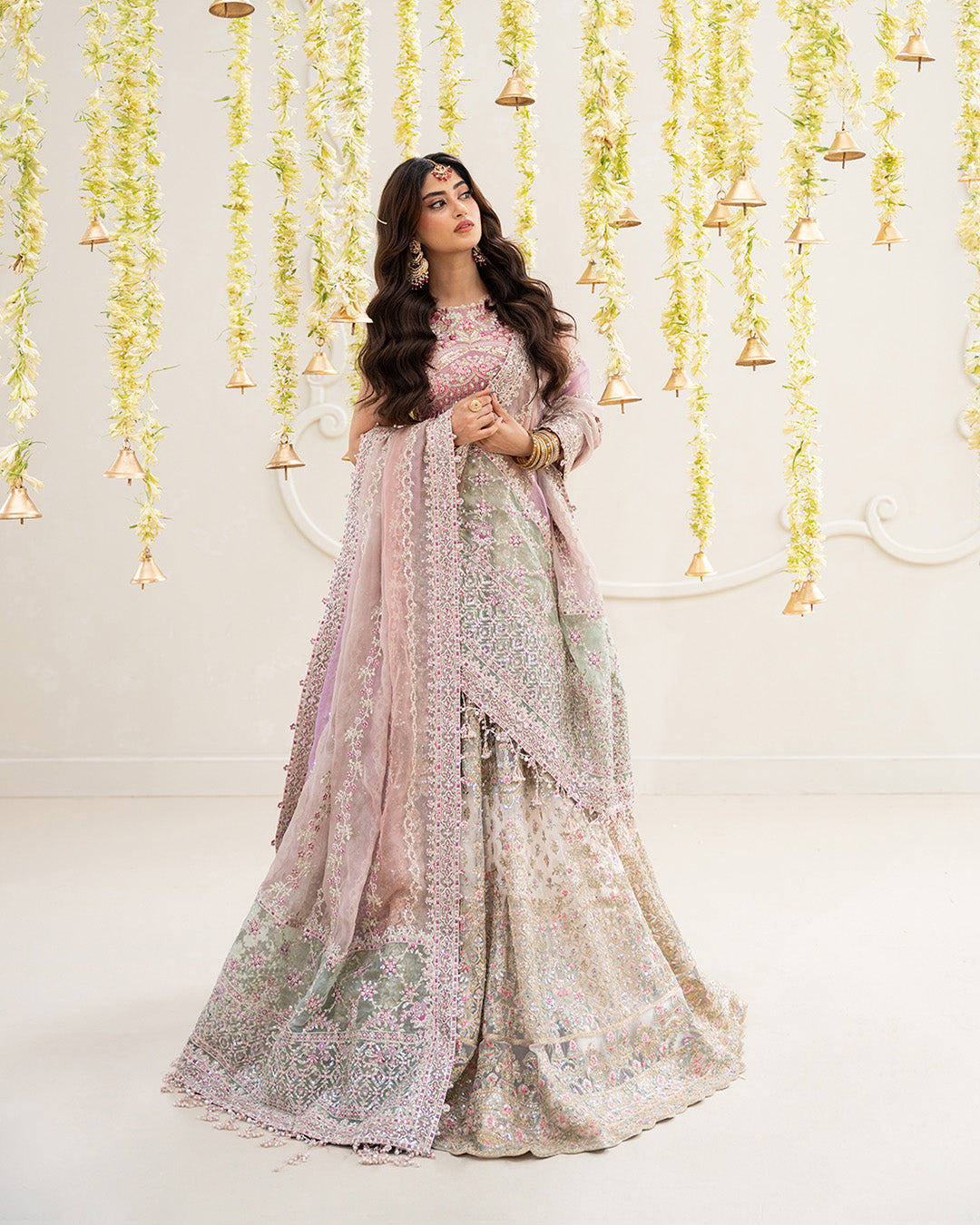 Model Wearing Faiza Saqlain Suzan Multicolor Blouse with Lehnga for wedding wear - Pakistani Designer Wear for Women in UK | Kifat