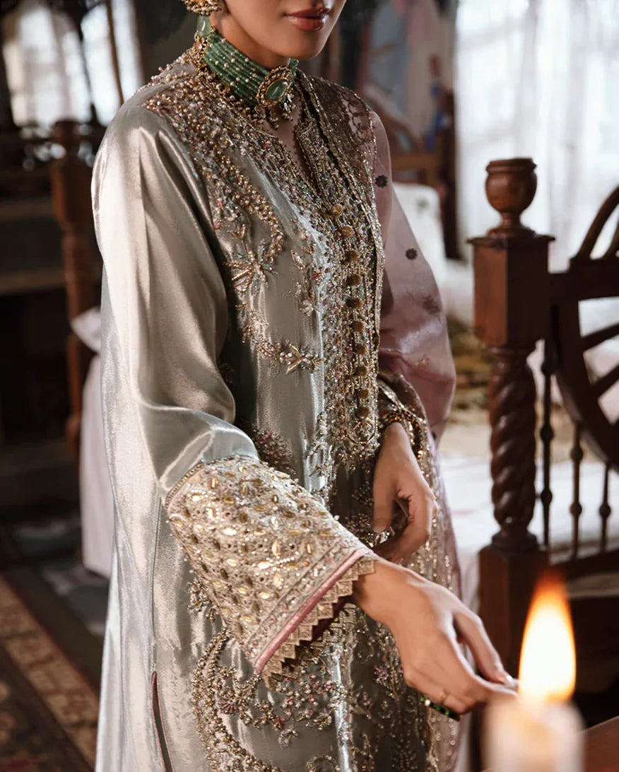 Women Wearing Amaya Aqua Silver Long Shirt for Formal Events - Pakistani Designer Wear for Women in UK | Kifat