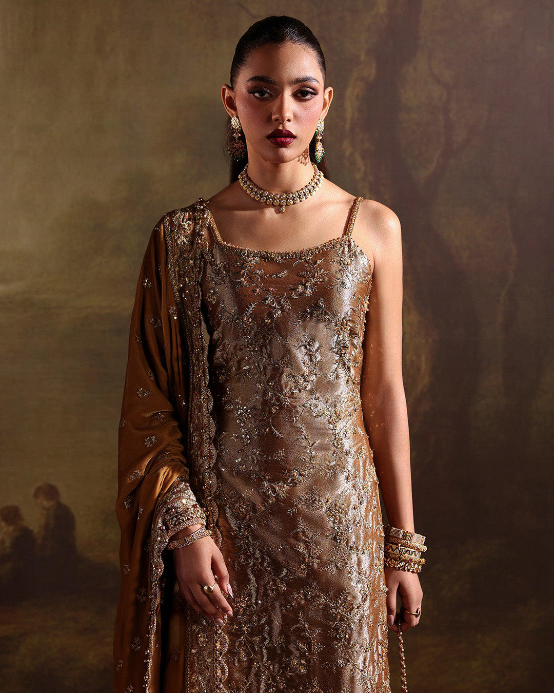 Model Wearing Faiza Saqlain Reit Mustard Gold Hue Shirt with Trouser for wedding wear - Pakistani Designer Wear for Women in UK | Kifat