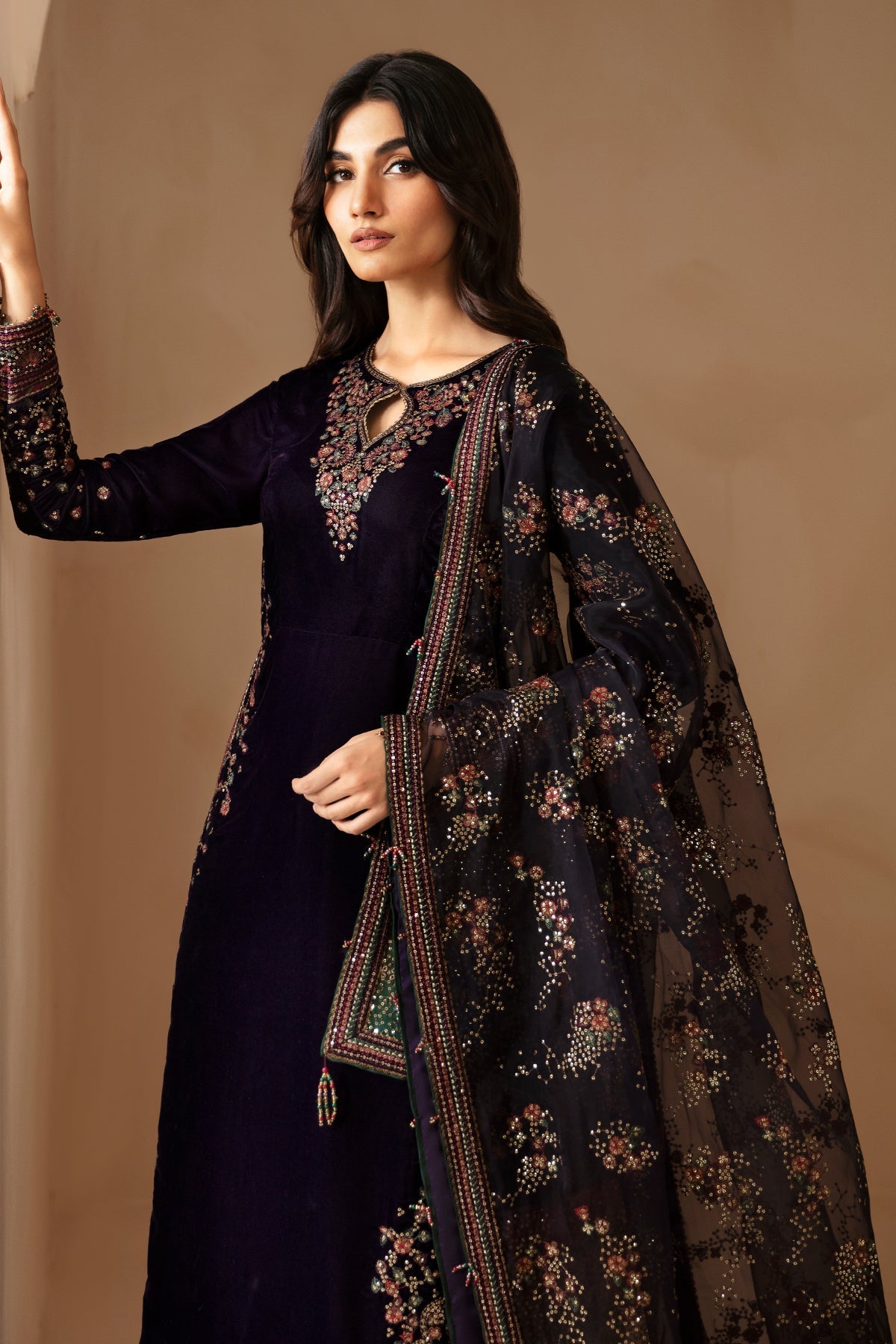 Women Wearing Embroidered Velvet Formal VF-2027 Purple Long Shirt with Sharara for Wedding Events - Pakistani Designer Wear for Women in UK | Kifat