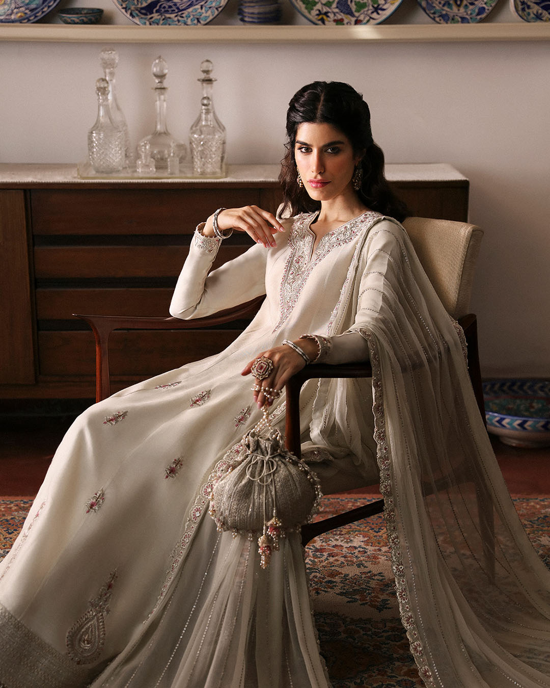 Model Wearing Faiza Saqlain Sabina Ivory Shirt with Culottes for formal events wear - Pakistani Designer Wear for Women in UK | Kifat