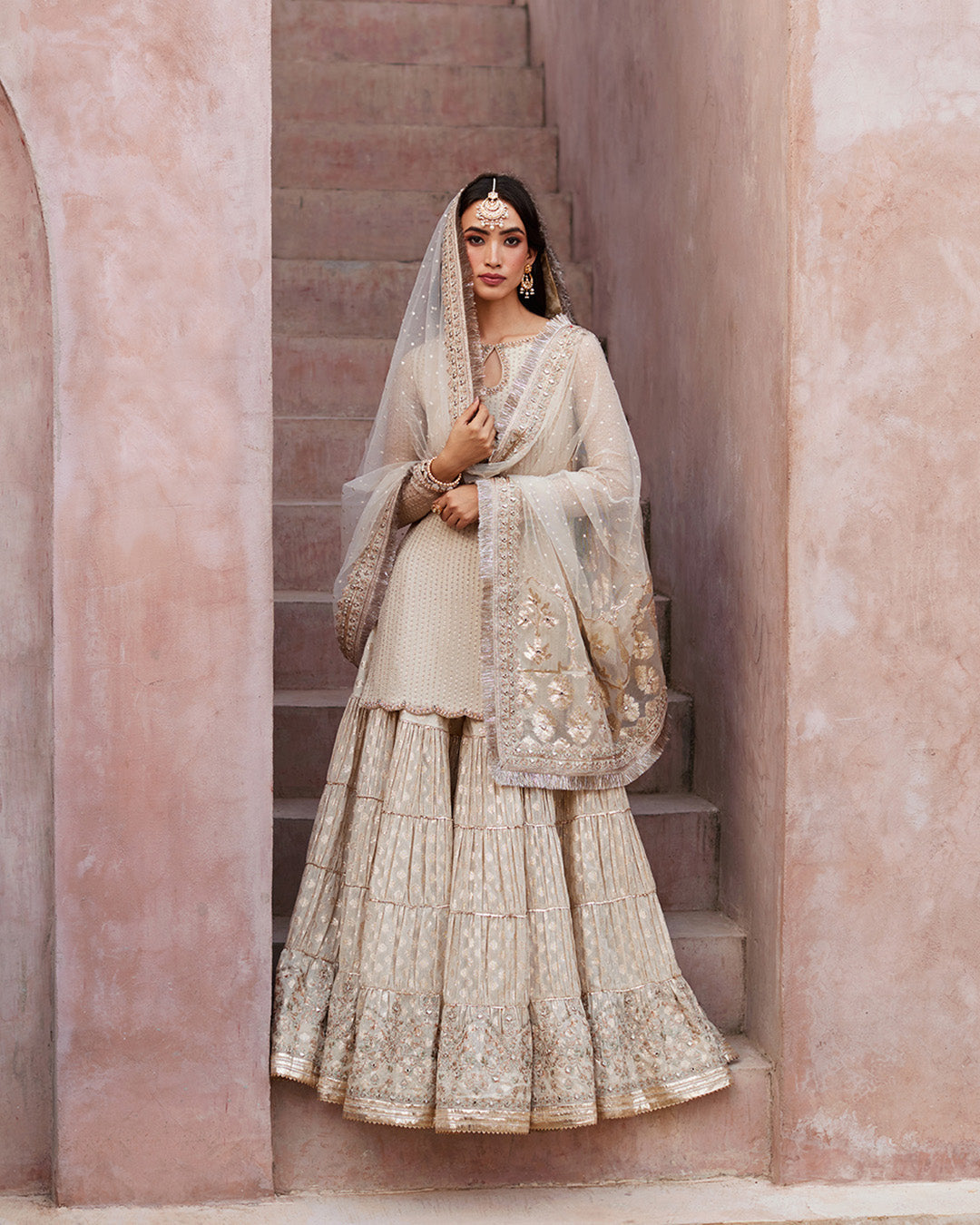 Model Wearing Faiza Saqlain Kaia Off-White Shirt with Gharara for wedding wear - Pakistani Designer Wear for Women in UK | Kifat