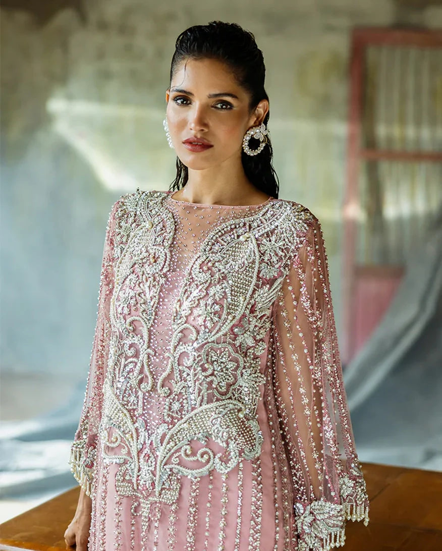 Women Wearing Lys Powder Pink Long Shirt for Wedding Events - Pakistani Designer Wear for Women in UK | Kifat
