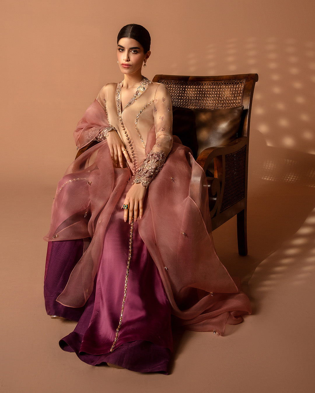 Model Wearing Faiza Saqlain Eshe Ombre Shirt with Culottes for formal events wear - Pakistani Designer Wear for Women in UK | Kifat