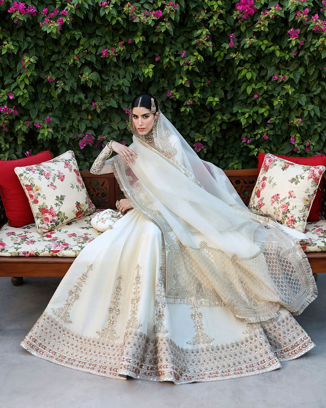 Model Wearing Faiza Saqlain Ailia Off-White Pishwas for wedding wear - Pakistani Designer Wear for Women in UK | Kifat