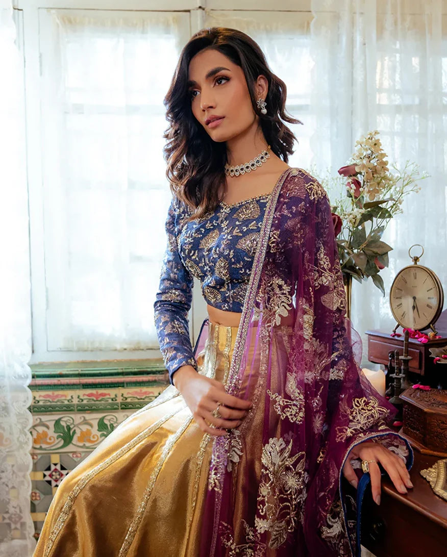 Women Wearing Meena Blue Lehnga Choli for Formal Events - Pakistani Designer Wear for Women in UK | Kifat