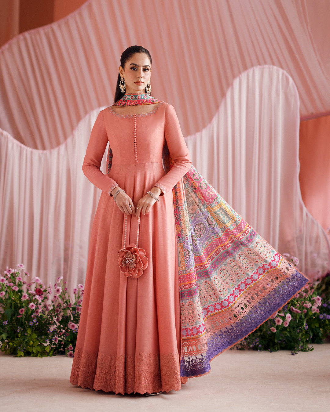 Women Wearing Muzn Coral Pishwas for Luxury Events - Pakistani Designer Wear for Women in UK | Kifat