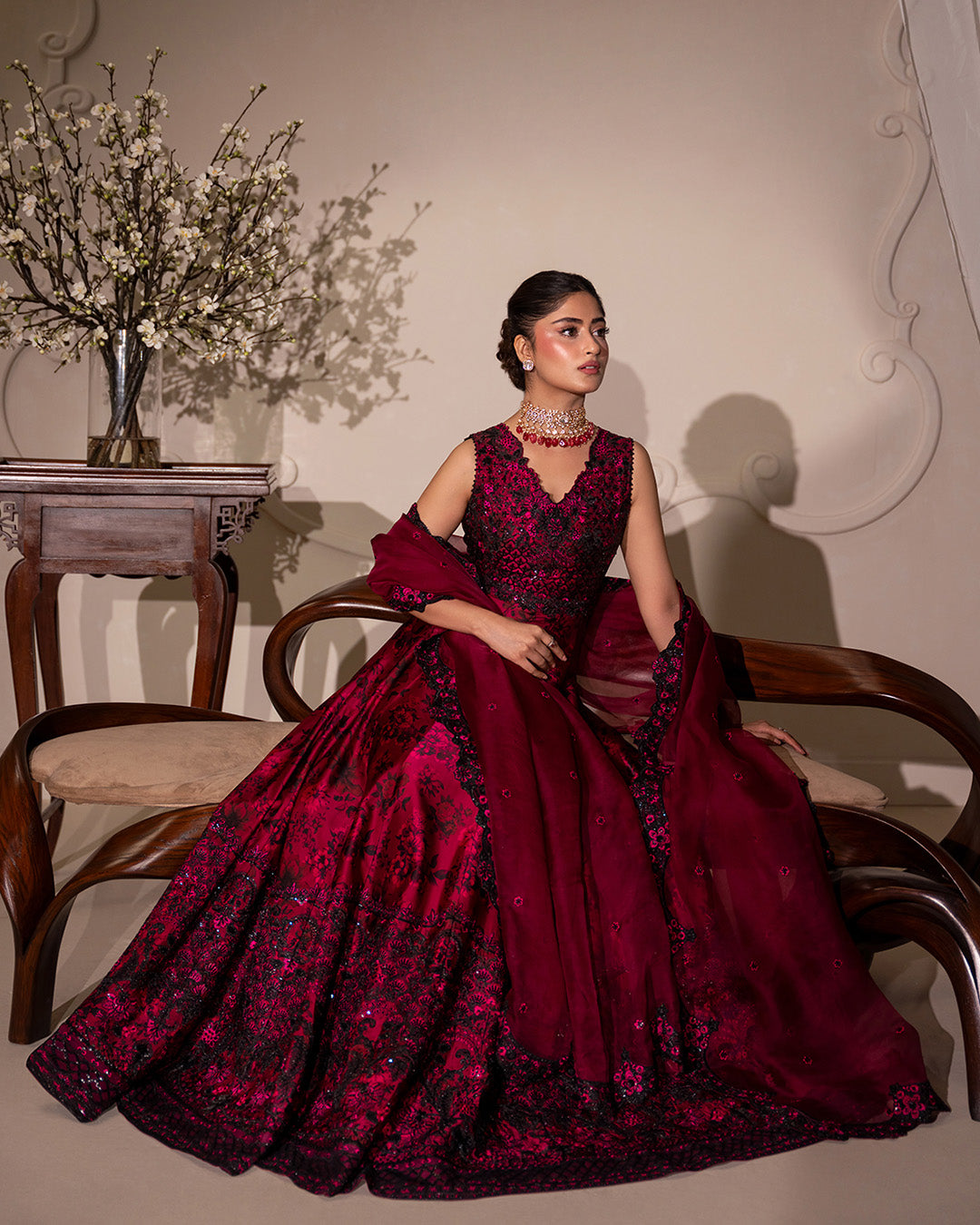 Model Wearing Faiza Saqlain Havin Dark Magenta Pink Shirt with Lehnga for wedding wear - Pakistani Designer Wear for Women in UK | Kifat