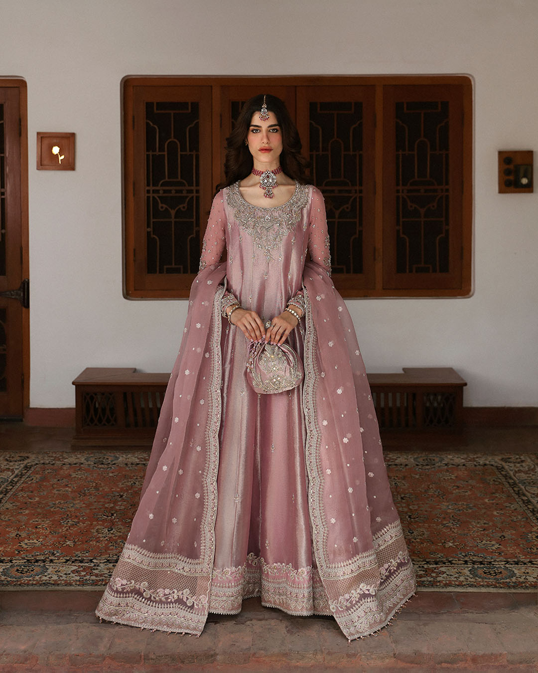 Model Wearing Faiza Saqlain Halina Seashell Pink Pishwas with Churidaar for wedding wear - Pakistani Designer Wear for Women in UK | Kifat