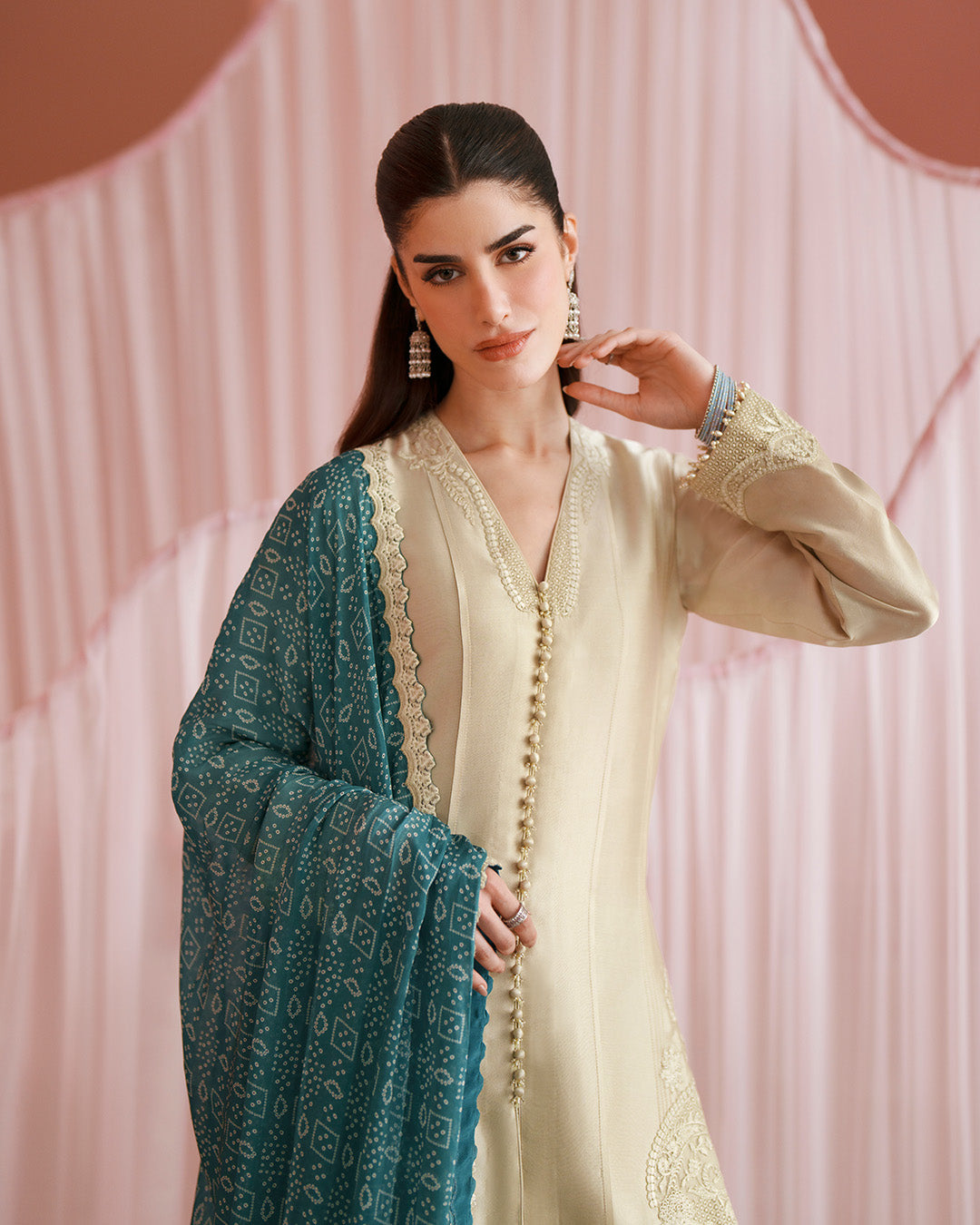 Women Wearing Rimaas Warm Ivory and Teal Shirt with Flared Pants for Luxury Events - Pakistani Designer Wear for Women in UK | Kifat