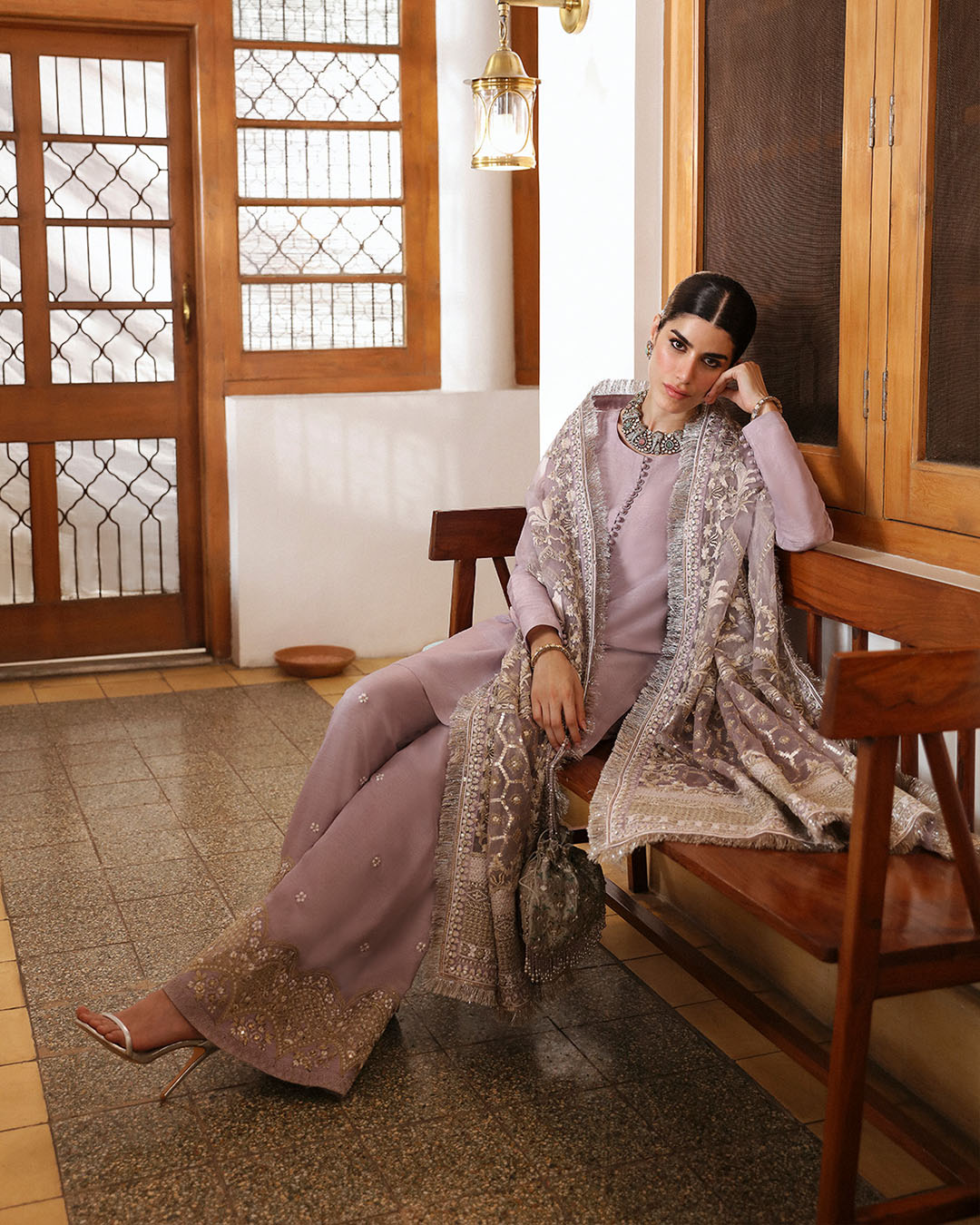 Model Wearing Faiza Saqlain Aurene Lilac Shirt with Flated Pants for formal events wear - Pakistani Designer Wear for Women in UK | Kifat