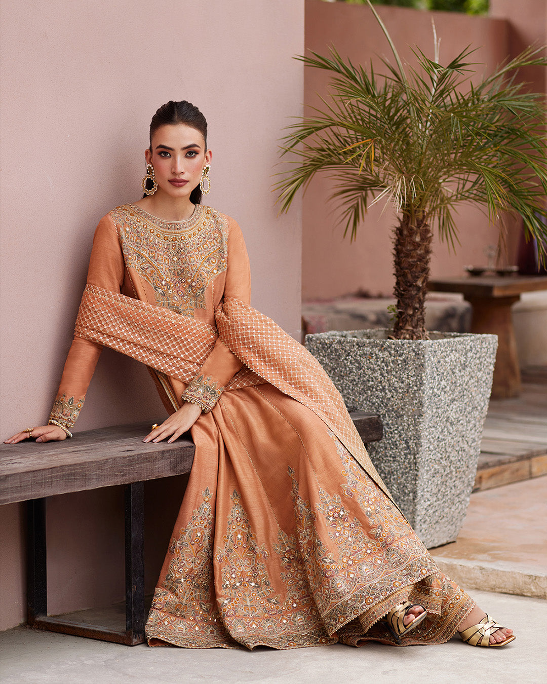 Model Wearing Faiza Saqlain Dalisay Rust Shirt with Gharara for wedding wear - Pakistani Designer Wear for Women in UK | Kifat