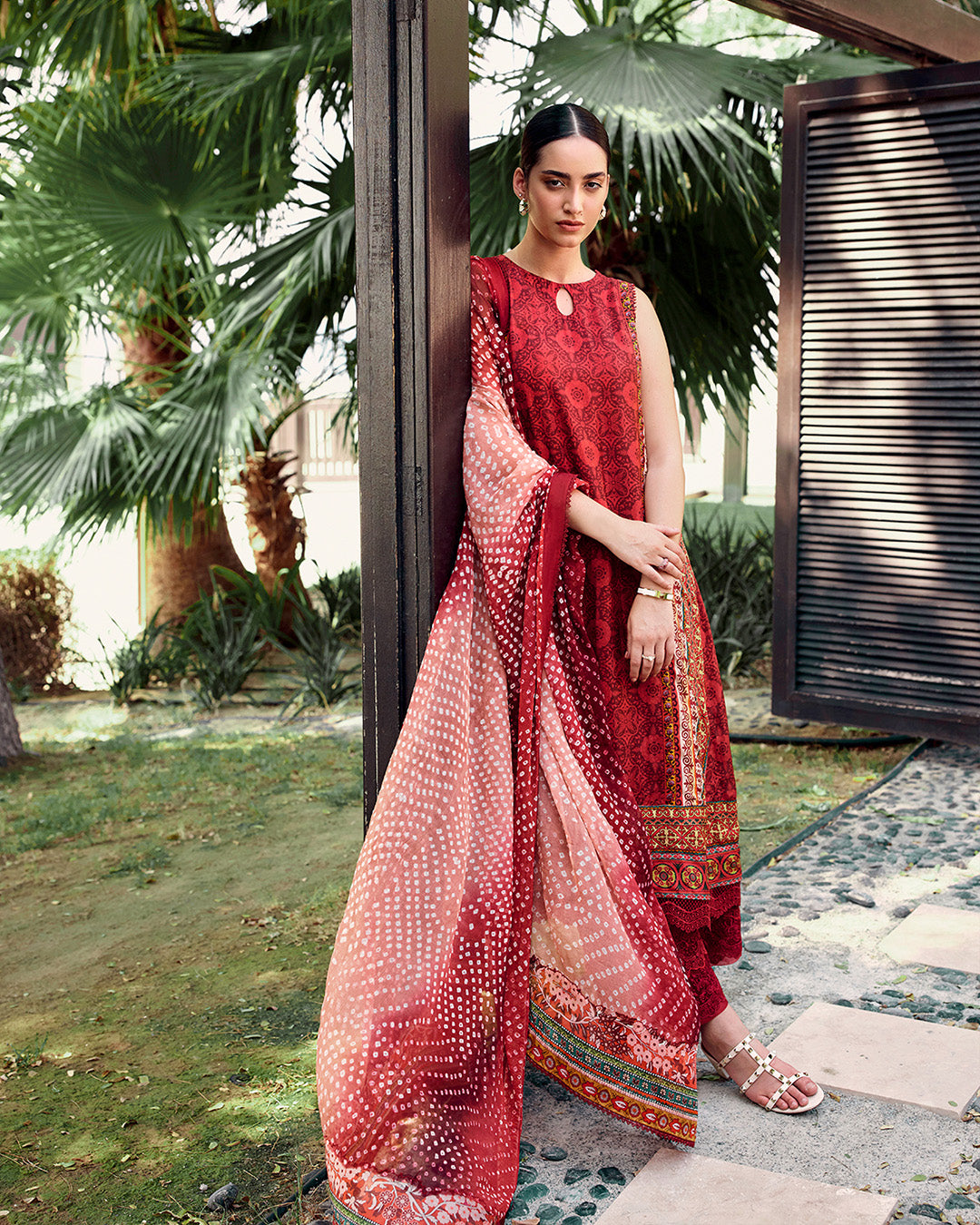 Model Wearing Faiza Saqlain Gloriana Red Shirt with Churidar for Ladies wear - Pakistani Designer Wear for Women in UK | Kifat