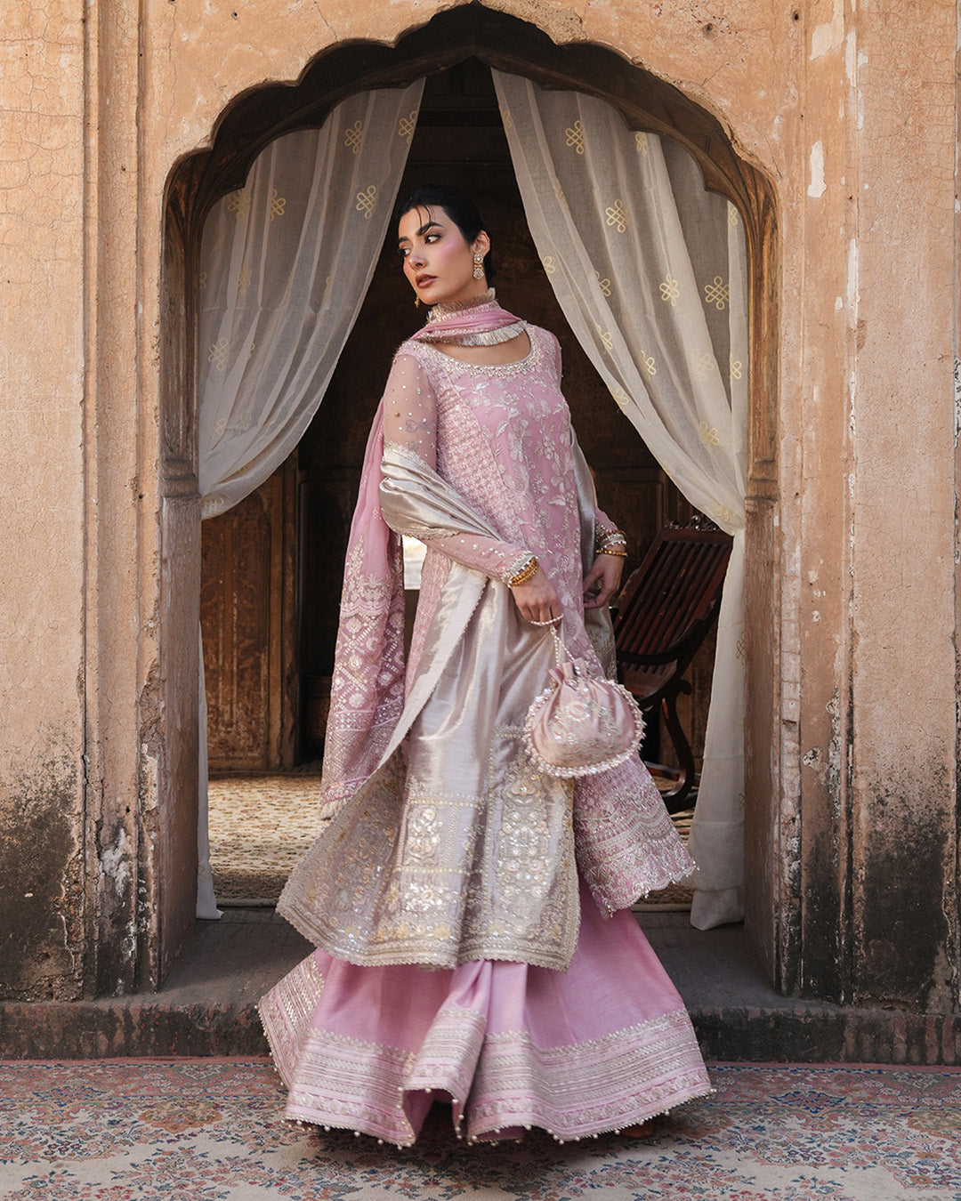 Model Wearing Faiza Saqlain Vemita Candy Floss Shirt with Sharara for wedding wear - Pakistani Designer Wear for Women in UK | Kifat