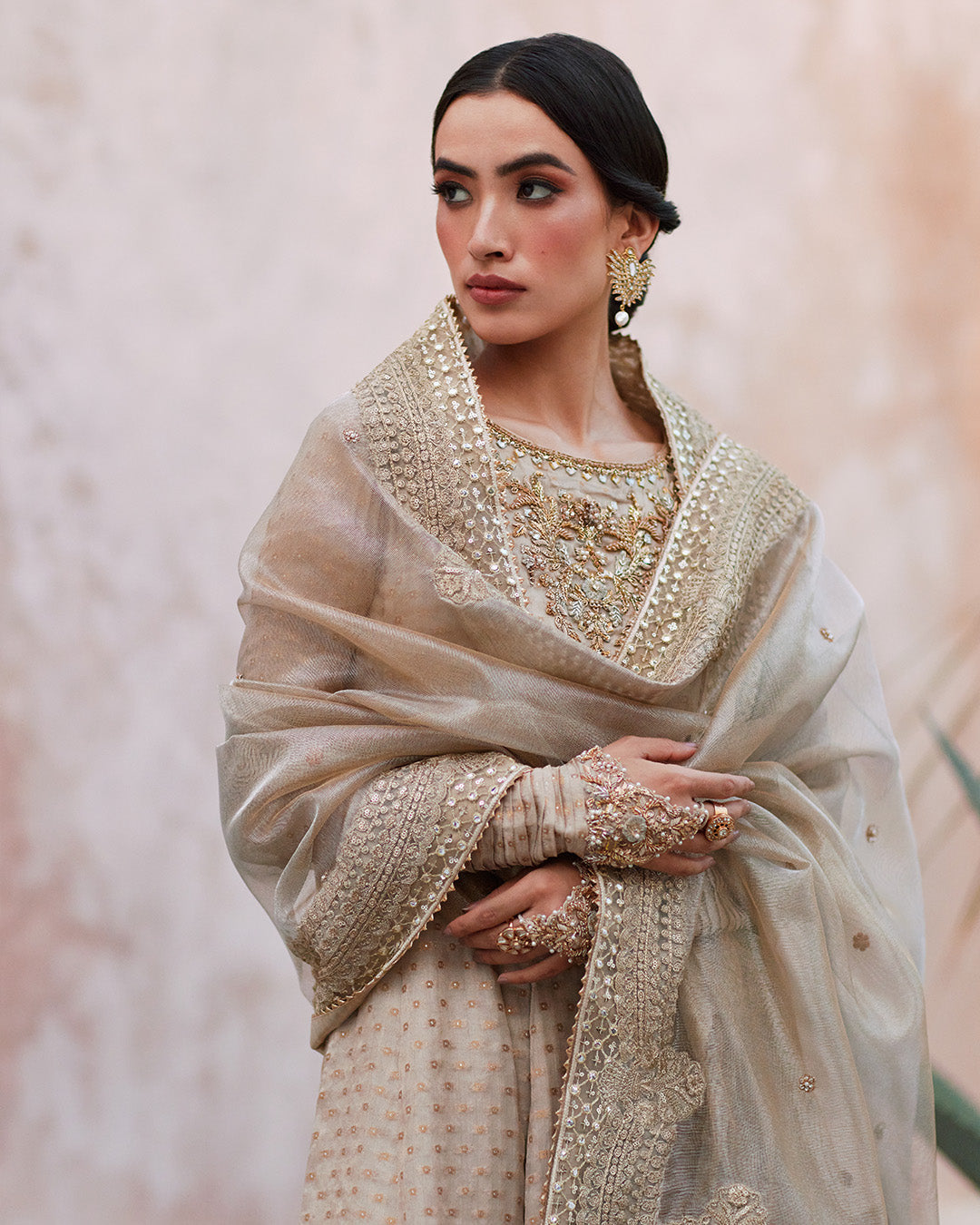 Model Wearing Faiza Saqlain Moira Ivory Gold Shirt with Culottes for wedding wear - Pakistani Designer Wear for Women in UK | Kifat