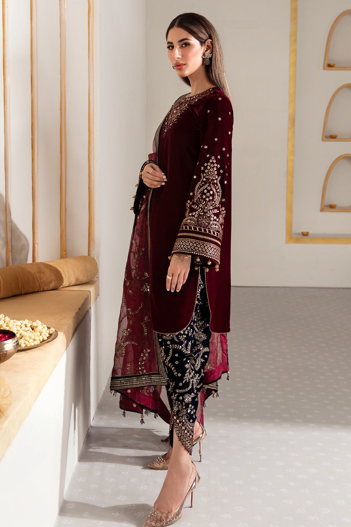 Women Wearing Embroidered Velvet Formal VF-2017 Maroon Short Shirt for Wedding Events - Pakistani Designer Wear for Women in UK | Kifat
