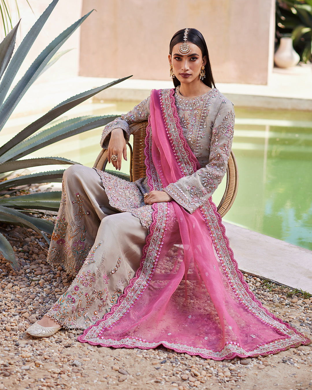Model Wearing Faiza Saqlain Rosaline Pink & Grey Shirt with Flared Pants for wedding wear - Pakistani Designer Wear for Women in UK | Kifat