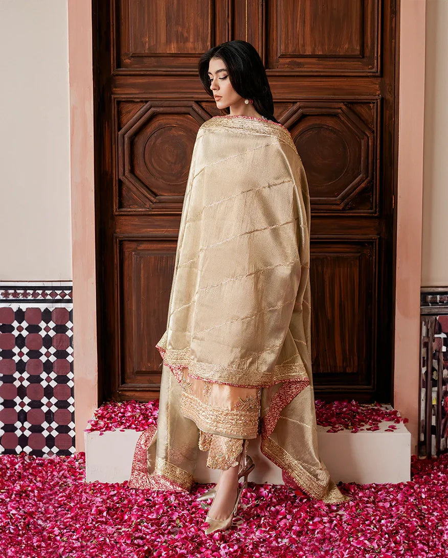Women Wearing Parisa Peach Gold Long Shirt for Formal Events - Pakistani Designer Wear for Women in UK | Kifat