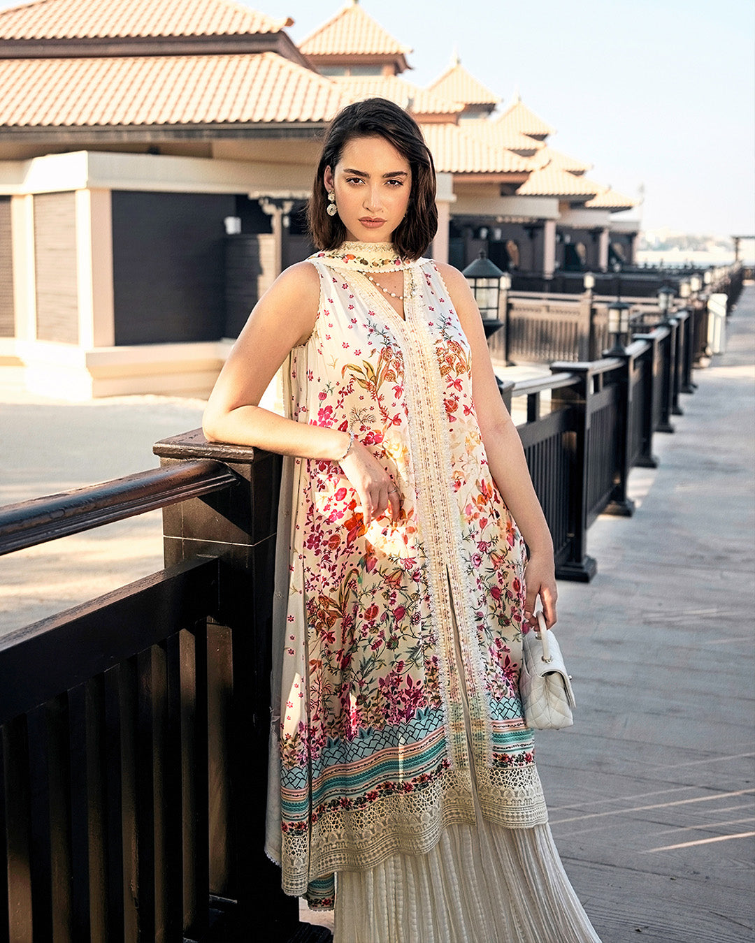 Model Wearing Faiza Saqlain Beldene Off-White Shirt with Sharara for Ladies wear - Pakistani Designer Wear for Women in UK | Kifat