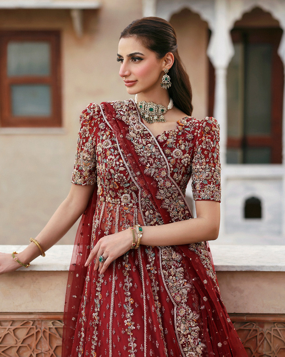 Model Wearing Faiza Saqlain Zelia Red Kalidaar for wedding wear - Pakistani Designer Wear for Women in UK | Kifat
