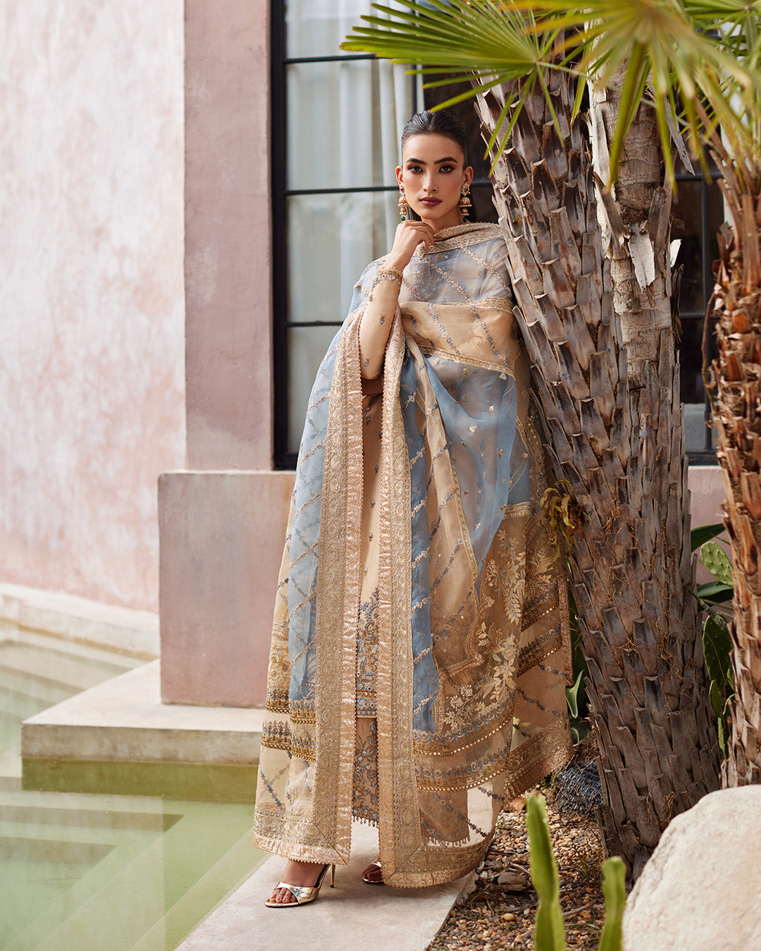 Model Wearing Faiza Saqlain Yelena Fawn Shirt with Culottes for wedding wear - Pakistani Designer Wear for Women in UK | Kifat