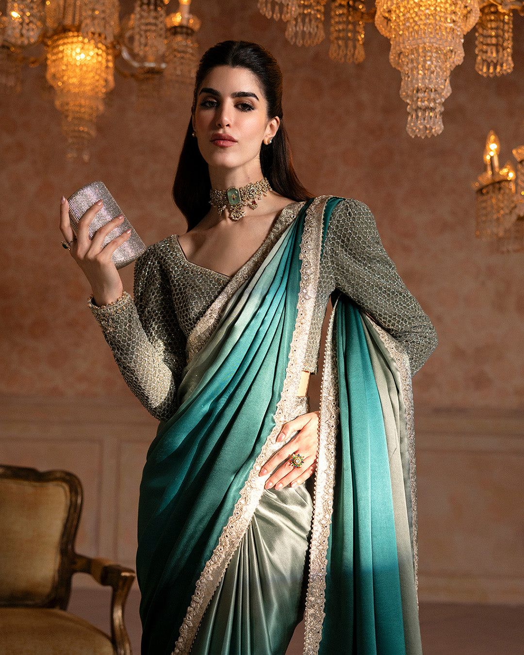 Model Wearing Faiza Saqlain Ailey Ombre Green Saree for wedding wear - Pakistani Designer Wear for Women in UK | Kifat