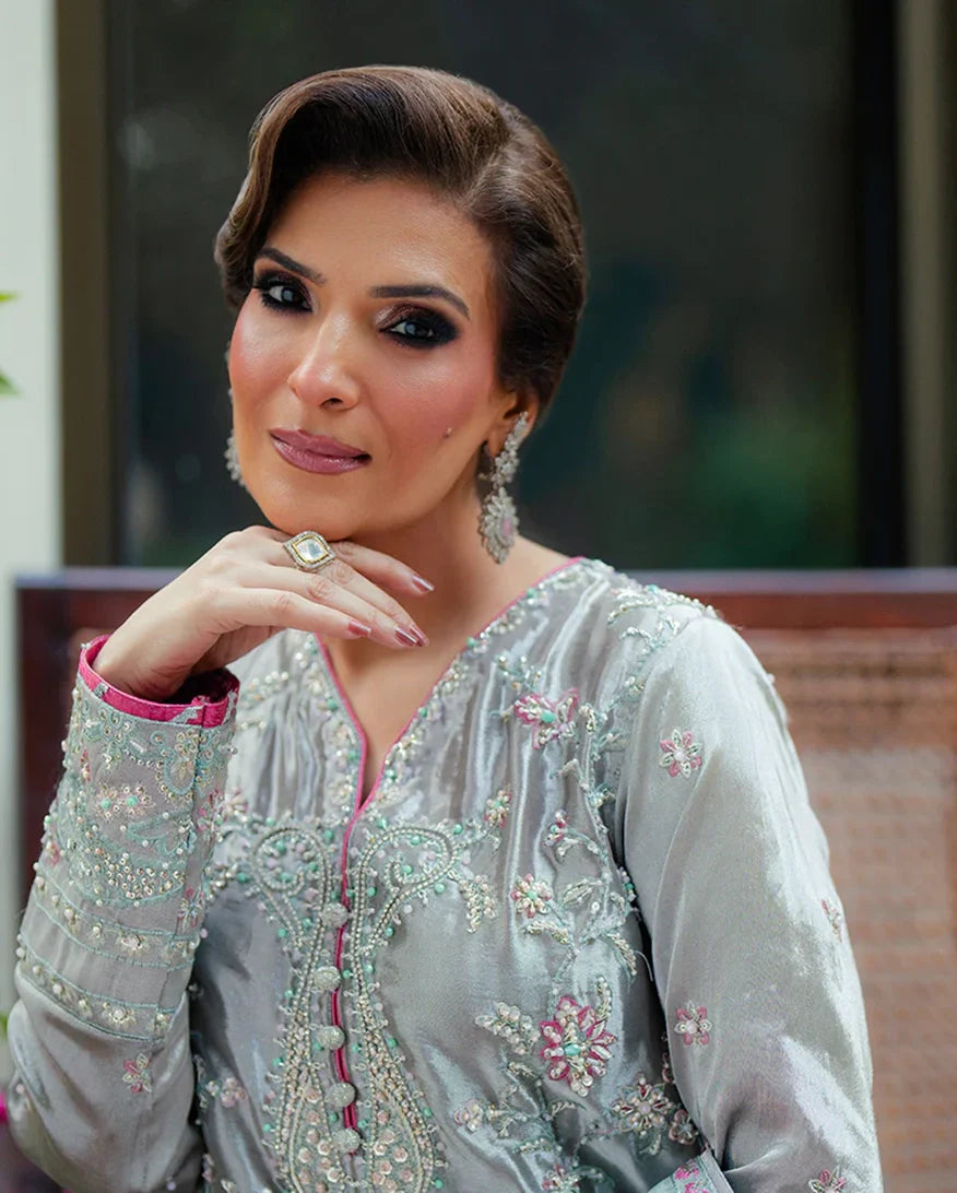 Women Wearing Resham Silver Long Shirt for Formal Events - Pakistani Designer Wear for Women in UK | Kifat