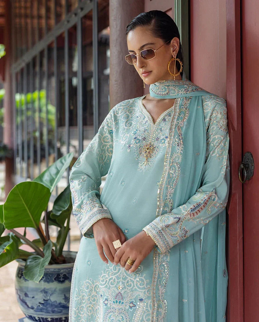 Women Wearing Freyelle Light Blue Long Shirt for Festive Events - Pakistani Designer Wear for Women in UK | Kifat