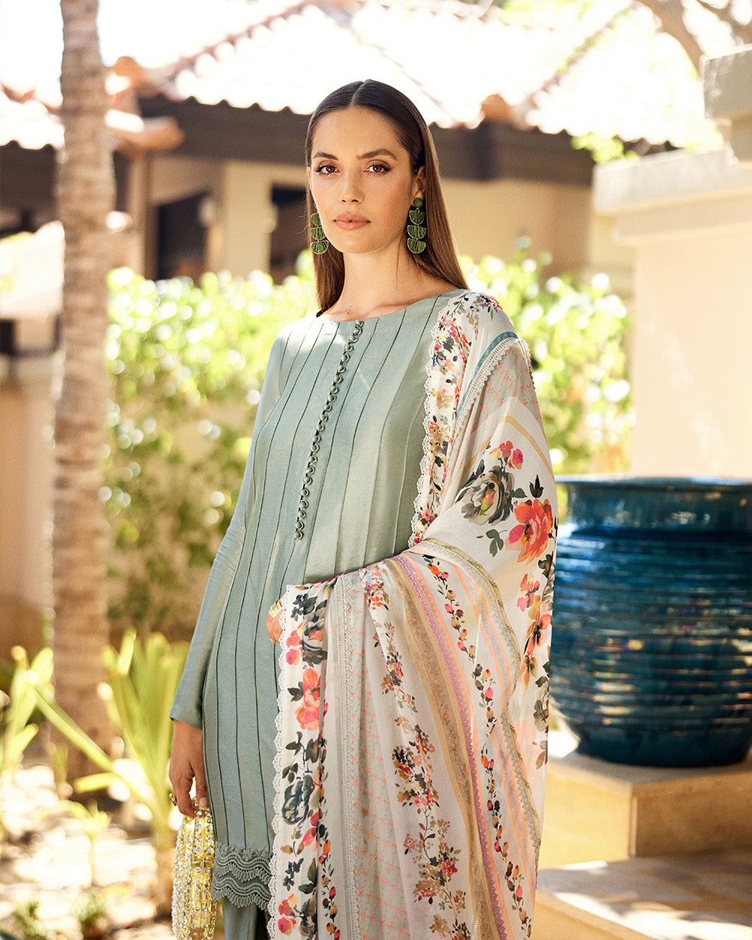Model Wearing Faiza Saqlain Leia Pastel Blue Kalidaar with Culottes for Ladies wear - Pakistani Designer Wear for Women in UK | Kifat