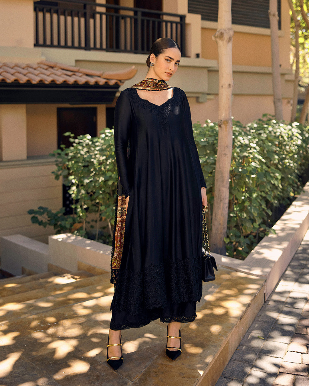 Model Wearing Faiza Saqlain Shelina Black Kalidaar with Culottes for Ladies wear - Pakistani Designer Wear for Women in UK | Kifat