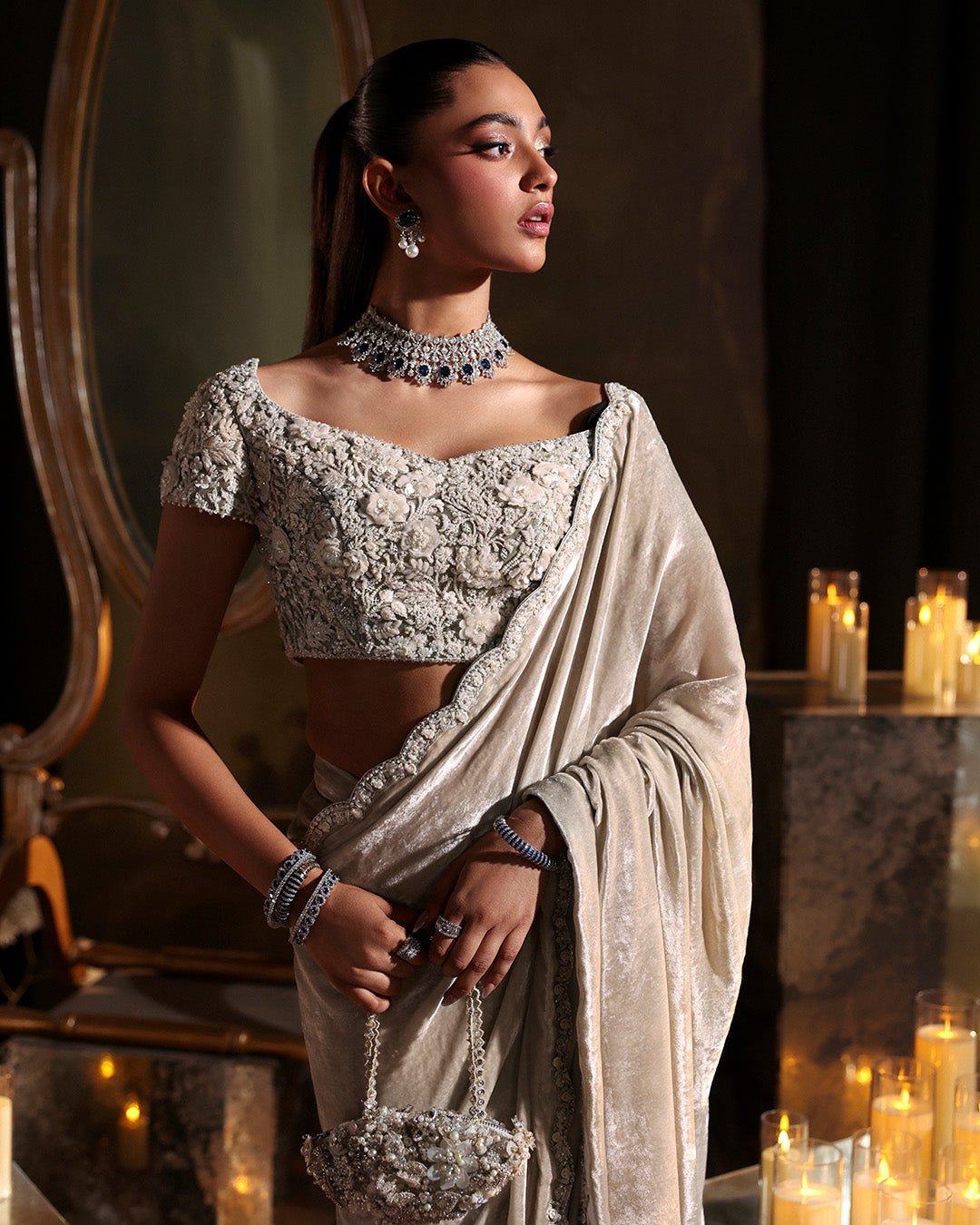Model Wearing Faiza Saqlain Zahavah Soft Oyster Saree for wedding wear - Pakistani Designer Wear for Women in UK | Kifat
