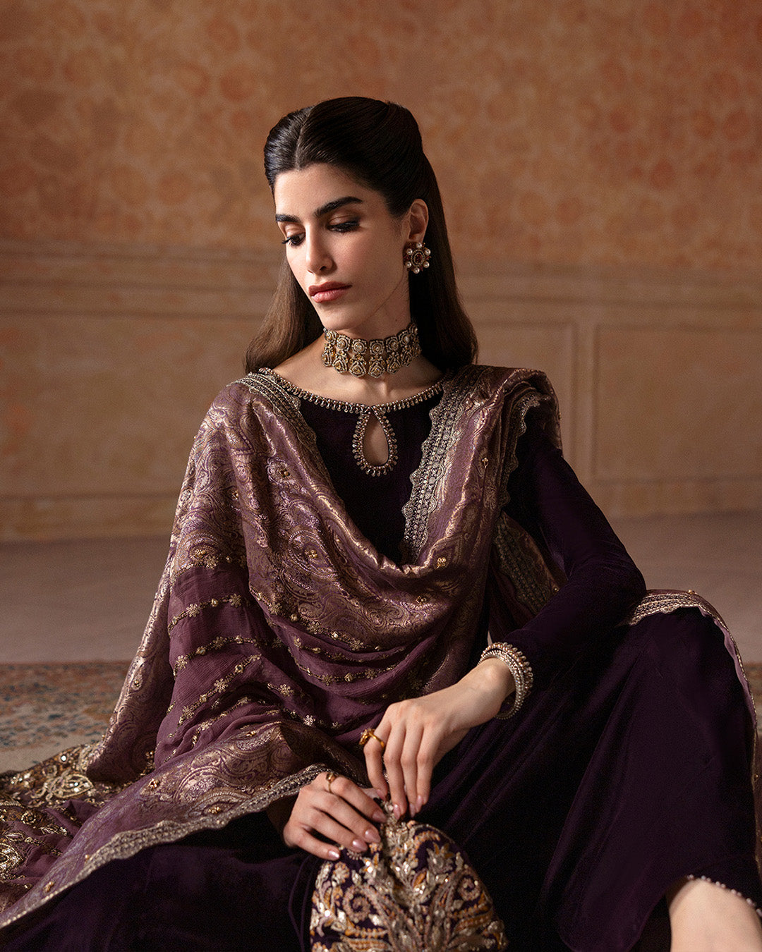 Model Wearing Faiza Saqlain Erna Aubergine Shirt with Culottes for formal events wear - Pakistani Designer Wear for Women in UK | Kifat