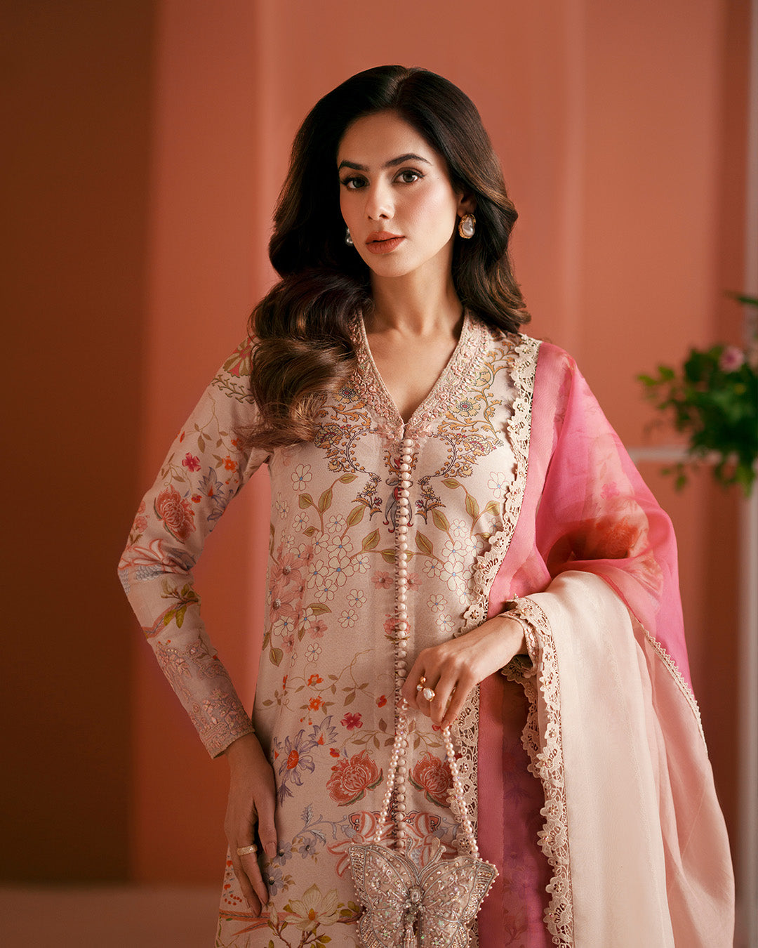 Women Wearing Nermin Nude Beige and Dusty Rose Shirt with Flared Pants for Luxury Events - Pakistani Designer Wear for Women in UK | Kifat