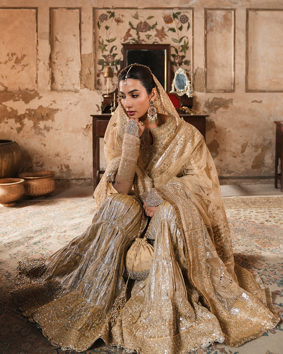 Model Wearing Faiza Saqlain Camillie Gold Shirt with Gharara for wedding wear - Pakistani Designer Wear for Women in UK | Kifat