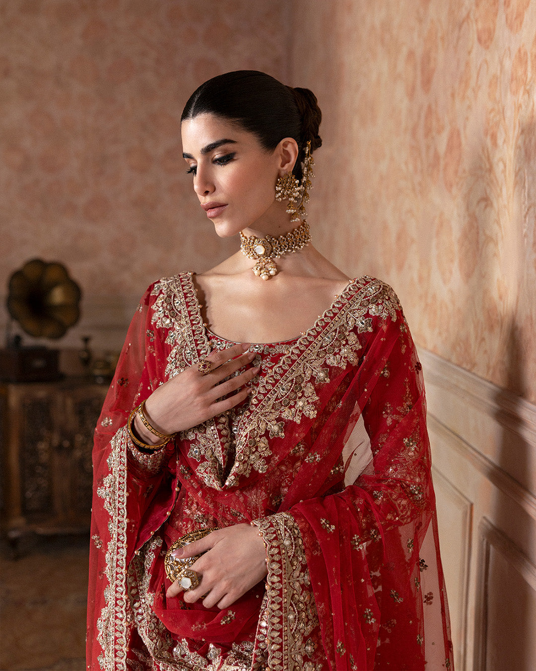 Model Wearing Faiza Saqlain Savina Coral Red Shirt with Culottes for wedding wear - Pakistani Designer Wear for Women in UK | Kifat