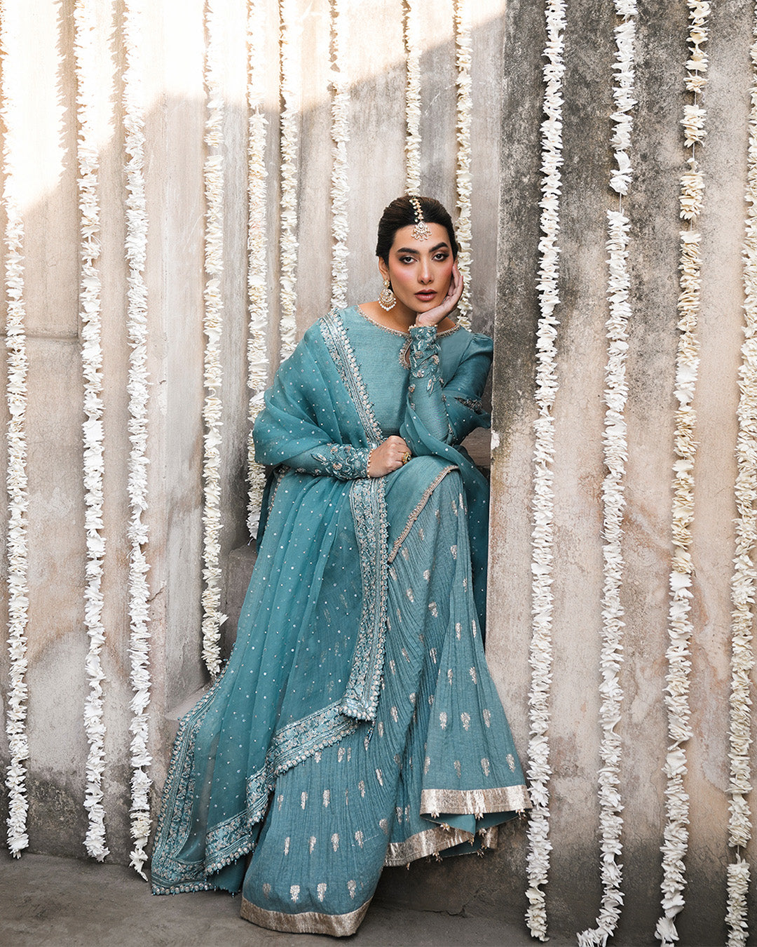 Model Wearing Faiza Saqlain Tisha Cadet Blue Shirt with Sharara for wedding wear - Pakistani Designer Wear for Women in UK | Kifat