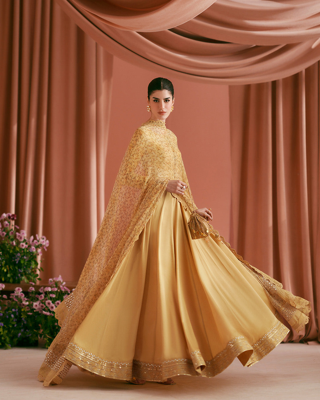 Women Wearing Alaa Mustard Pishwas for Luxury Events - Pakistani Designer Wear for Women in UK | Kifat