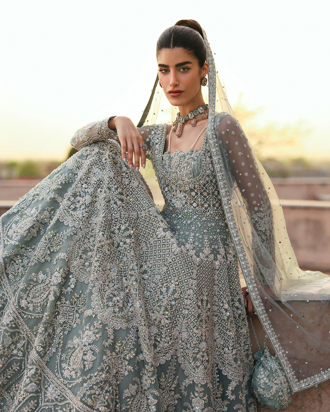 Model Wearing Faiza Saqlain Dorien Mint Blue Pishwas with Lehnga for wedding wear - Pakistani Designer Wear for Women in UK | Kifat