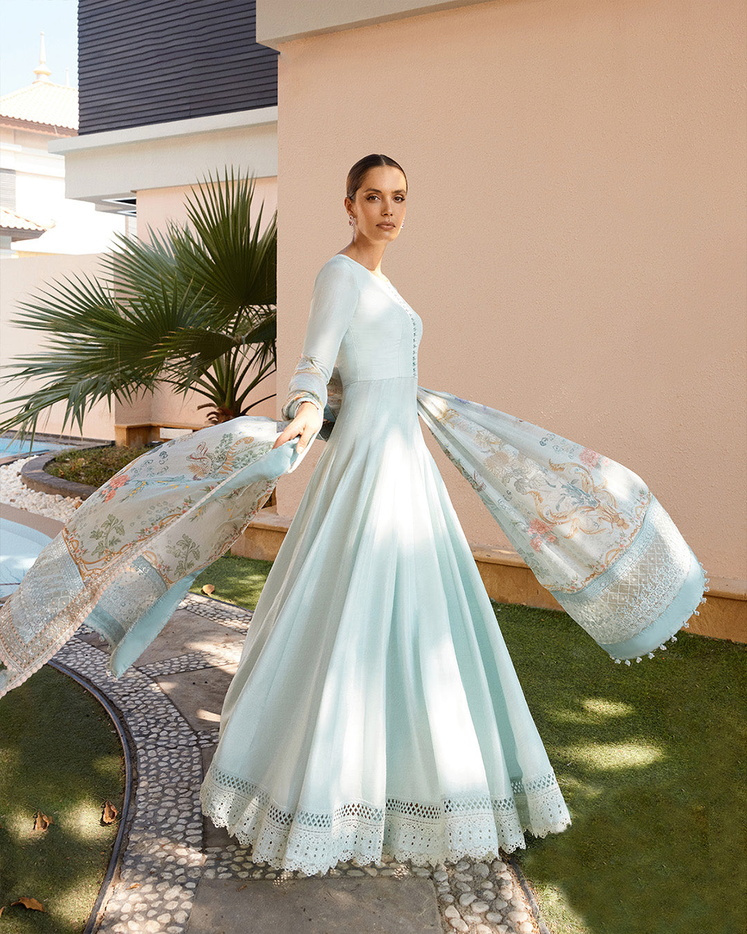 Model Wearing Faiza Saqlain Latissa Ice Blue Pishwas with Churidar for Ladies wear - Pakistani Designer Wear for Women in UK | Kifat