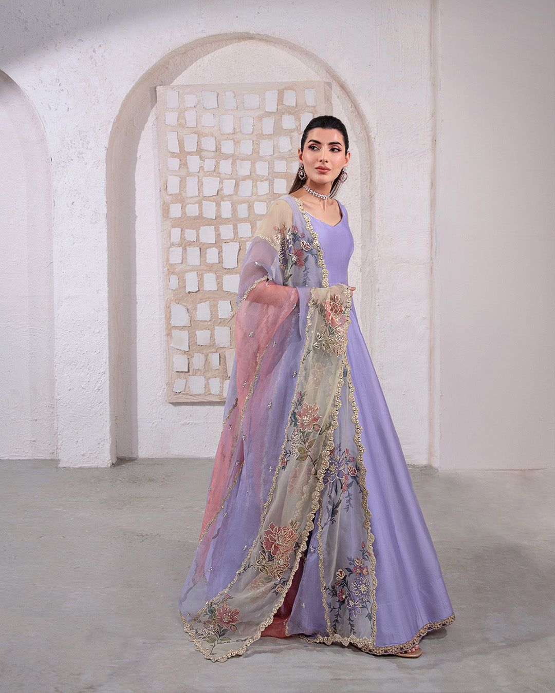 Model Wearing Faiza Saqlain Keva Lilac Pishwas for wedding wear - Pakistani Designer Wear for Women in UK | Kifat