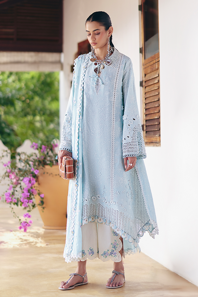 Model Wearing Suffuse by Sana Yasir ZARINA Aqua collared shirt with culottes for Casual Dress- Pakistani Designer wear for Women in UK | Kifat