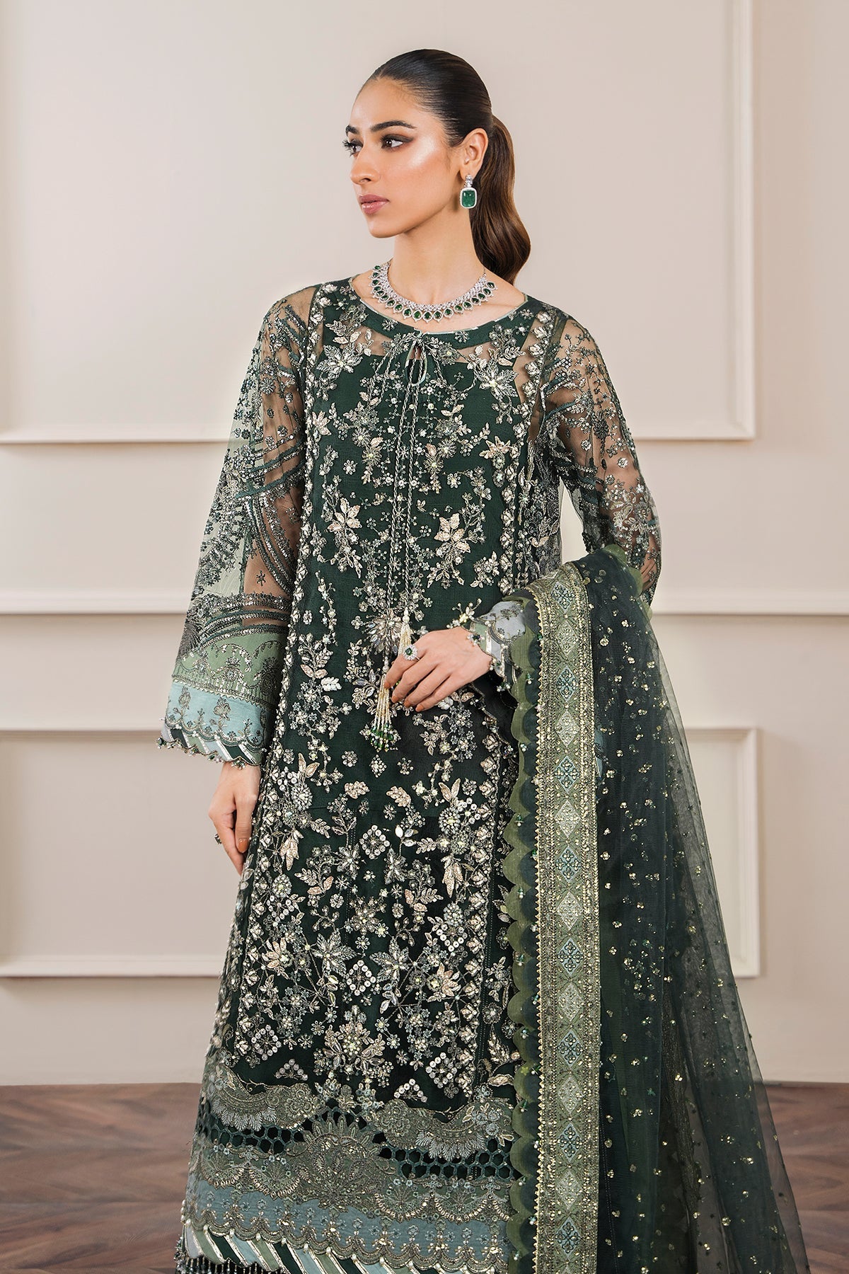 Baroque CH12-05 Green Long Shirt with Sharara,Slit Shirt with Crushed Sharara for Formal Events - Pakistani Designer Wear for Women in UK | Kifat