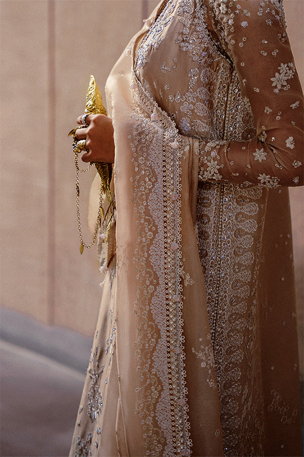 Model Wearing Suffuse by Sana Yasir Ismira Nude Beige Front-Open shirt with bell-cut pants for Wedding Wear - Pakistani Designer wear for Women in UK | Kifat